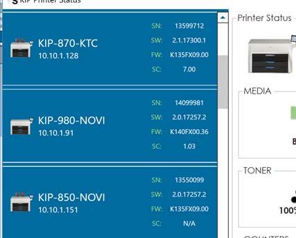 Dettagli stampante stato stampante KIP Funzioni principali SNMP / Stato stampante KIP Comunicazione SNMP diretta alla stampante KIP- PC basato su Windows 7/8 a 32 e 64-bit Monitor di stato delle