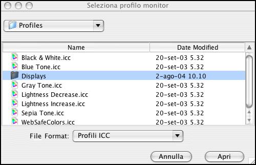 MODIFICA DEL PUNTO DI BIANCO PER LA SIMULAZIONE DELLA CARTA 17 4 Selezionare Profili ICC dal menu File Format. 5 Selezionare il profilo per il proprio monitor e fare clic su Apri.