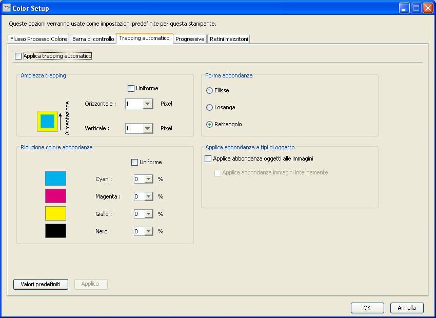 FUNZIONI DI COLOR SETUP 36 4 Selezionare Trapping automatico. 5 Fare clic su OK. 6 Fare clic su Stampa. Il lavoro viene stampato con i valori predefiniti per la funzione Trapping automatico.