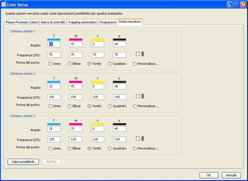 FUNZIONI DI COLOR SETUP 46 Area Retini mezzitoni È possibile definire tre retinature mezzitoni personalizzate nell area Retini mezzitoni.