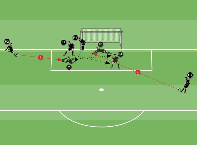 Terza proposta 3 - Situazionale 4 portieri si posizionano come segue: P1 parte in prossimità di un palo della porta; P2 si posiziona all interno dell area di rigore, ad un metro dalla linea di