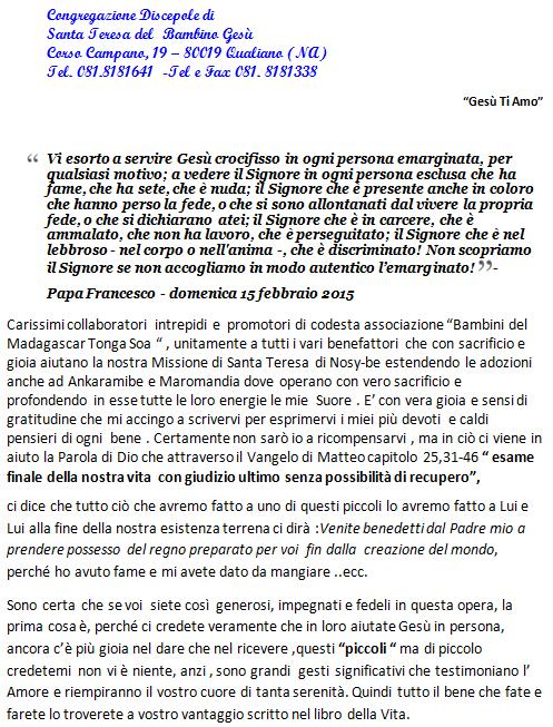 Lettera di Suor Virginia E con piacere che condividiamo con tutti voi che leggete la lettera che ci