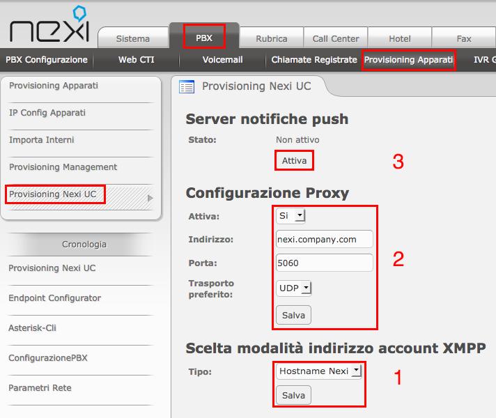 In Configurazione Proxy", in "Indirizzo" inserire l'indirizzo FQDN, in "Porta" inserire 5060, in "Trasporto