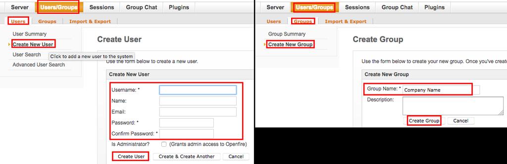 Procedere con l inserimento degli utenti XMPP andando nella pagina Users/Groups -> Users -> Create New User come di