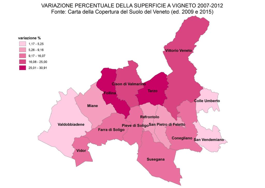 Figura 3 Tra il 2007 e il 2012, 702,23 ha di superficie territoriale della Docg Conegliano-Valdobbiadene sono stati trasformati in nuovo vigneto (1.063,88 ha nel totale dei 15 Comuni considerati e 3.