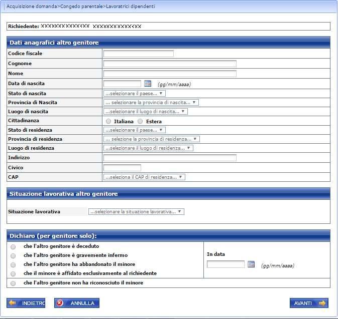 l altro genitore ha abbandonato il minore o che il minore sia affidato esclusivamente al soggetto richiedente. La pagina avrà il seguente aspetto.