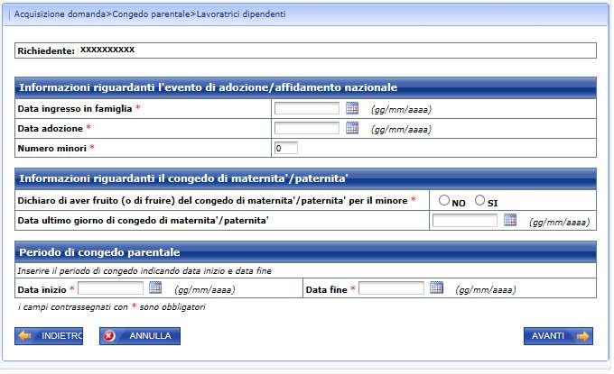 In caso di richiedente femmina nel caso di evento di Adozione/Affidamento nazionale, il sistema mostrerà la seguente pagina di acquisizione dei dati della domanda: Figura 17 - DATI DOMANDA CONGEDO