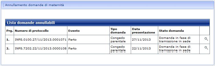 Mediante la funzionalità di annullamento domande, il sistema prospetta la lista di tutte le domande di maternità precedentemente inoltrate all Istituto mediante l applicazione on line e non ancora