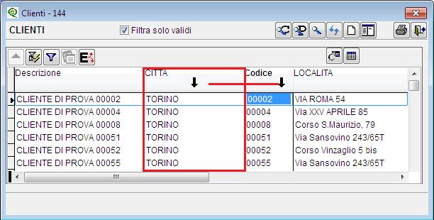 Spostamento colonne E' possibile spostare le colonne nella posizione più comoda per la visualizzazione cliccando sull'intestazione della colonna: comparirà il segno e