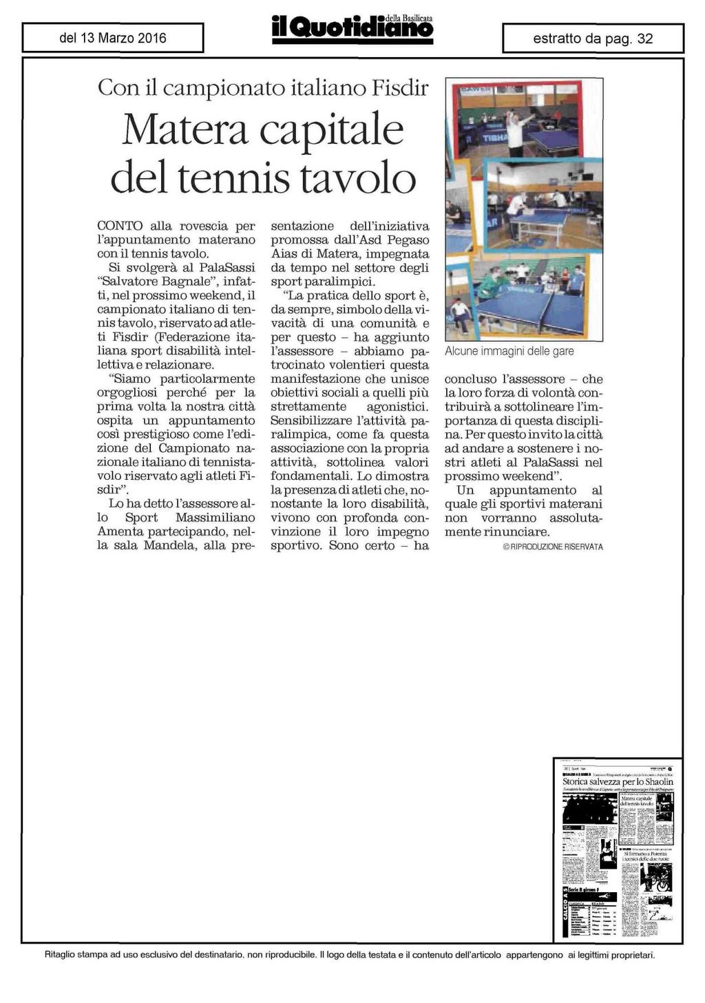 Con il campionato italiano Fisdir Matera capitale del tennis tavolo CONTO alla rovescia per l'appuntamento materano con il tennis tavolo.