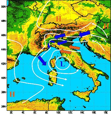 Tali catene montuose spesso fanno da spartiacque tra masse d aria significative e di diversa origine: spesso quella più fredda d origine continentale (proveniente dall Europa Orientale) viene a