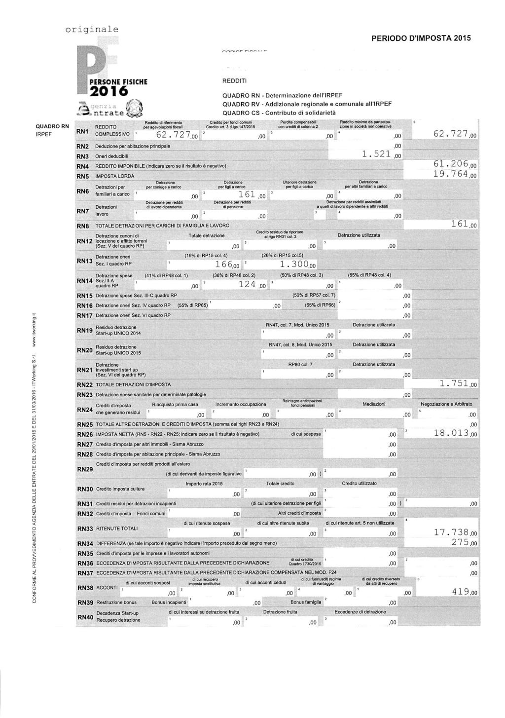 PERID D'IMPSTA 2015 QUADR RN IRPEF /3>i ntrate tyi RN1 RN2 RN3 RN4 RN5 RN6 RN RN8 REDDIT per agevlazinifiscali Creditart. 3 d.igs.14/2015 cmplessiv > 62.