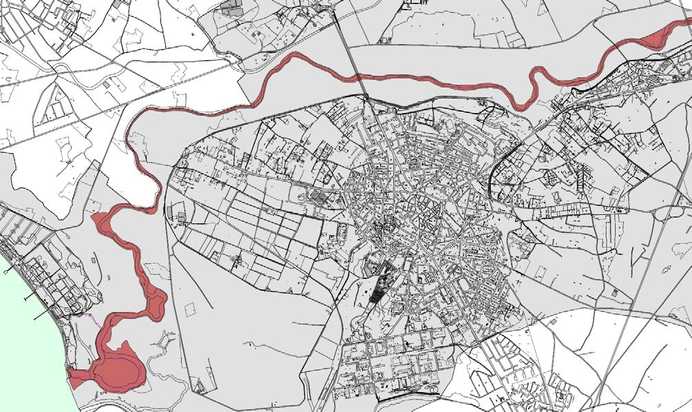 Mappa Il sistema delle aree pericolose proposte nello studio Art 8 c 2 del comune di Oristano, originate da motivi morfologici nel settore urbano e lungo il sistema