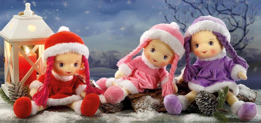 Art. 4641 Le bamboline Winter Graziose bambole con abiti in velluto e pelliccia sintetica e trecce in lana in colori assortiti.
