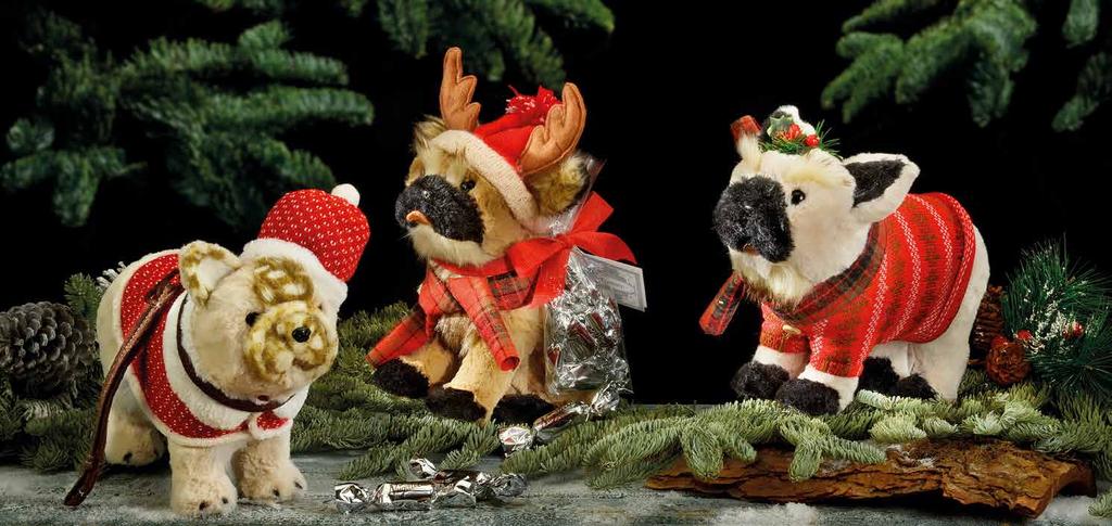 Art. 4642 I cagnolini natalizi di polistirolo rivestito di pelliccia sintetica con abiti e accessori in tessuto e lana in modelli assortiti.