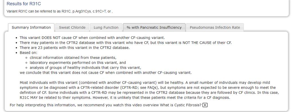 Genotype and phenotype in a patient with R31C and TG12-5T CFTR2 database 5anni, maschio