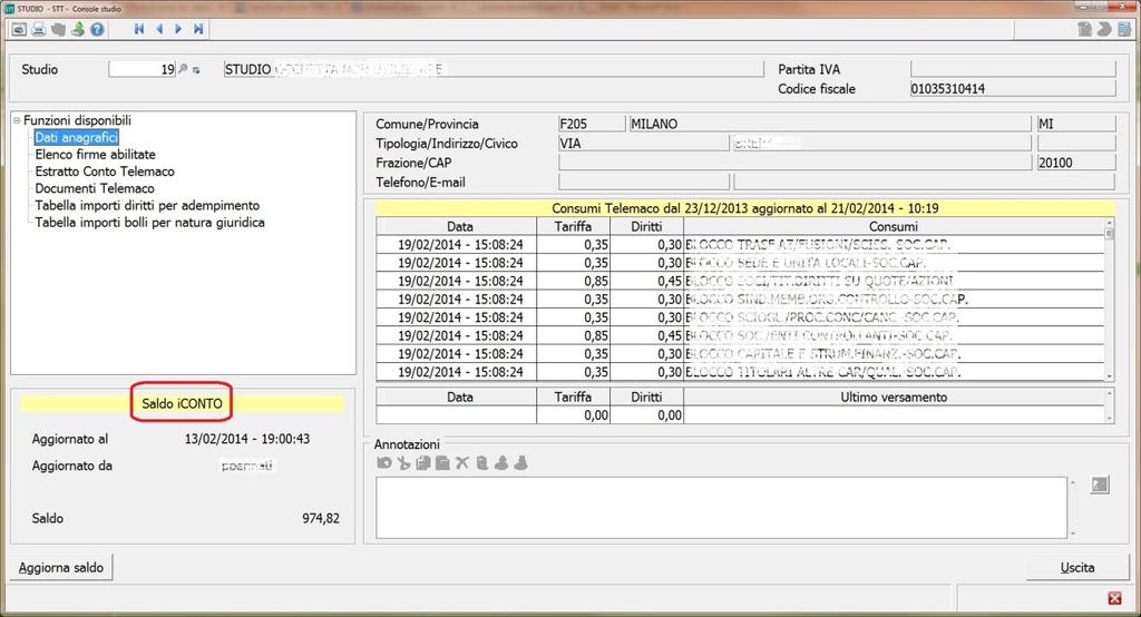 STT IMPLEMENTAZIONI STUDIO - Gestione anagrafica STUDIO Da questa versione è stata attivato il prelievo delle informazioni dell estratto