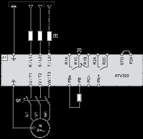 (1) Line choke (if used) (2) Fault relay contacts, for remote signaling of drive status Control Connection Diagram in Source Mode (1)