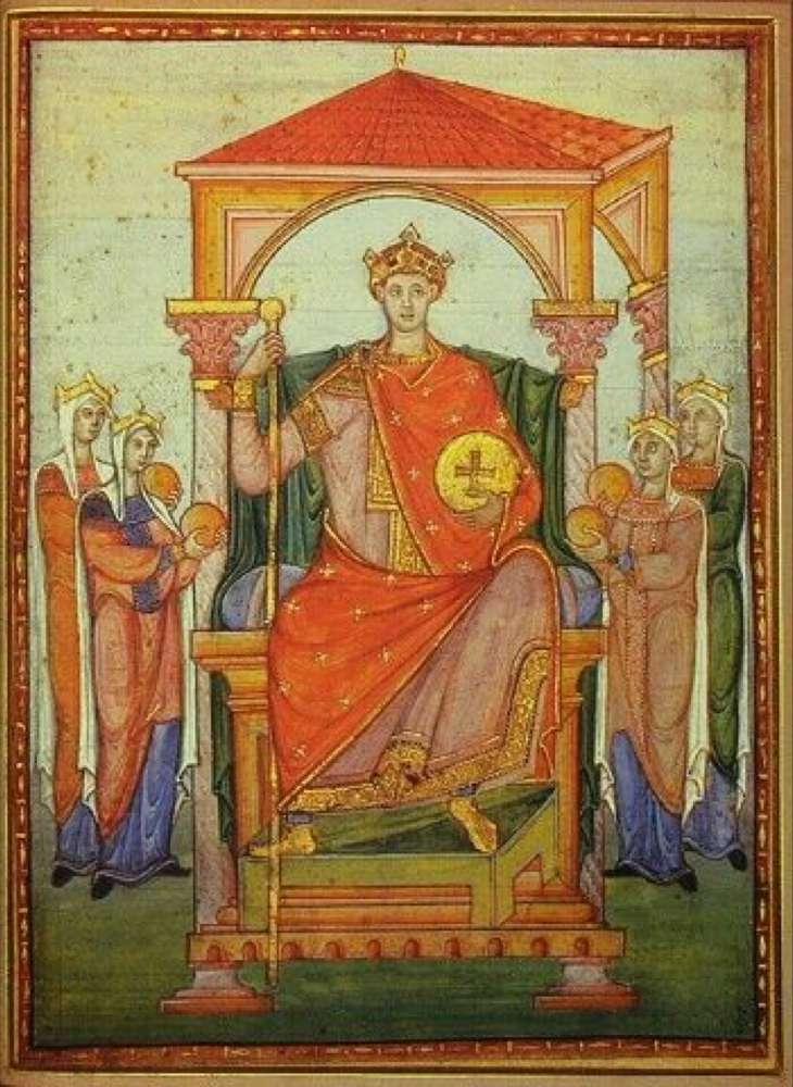 L'imperatore è ritratto seduto in trono e regge le insegne del potere sia temporale che spirituale.