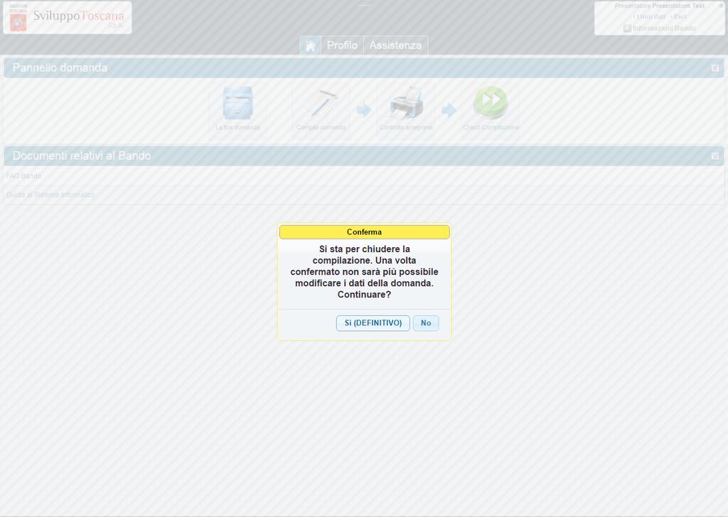 L utente presentatore Chiudi compilazione Dopo aver completato la compilazione della domanda di aiuto (superati una serie di controlli di congruenza e obbligatorietà) il