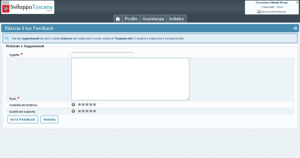 L utente presentatore Feedback Una volta presentata la domanda è possibile lasciare un feedback ai servizi informatici riguardante il sistema gestionale (premendo il pulsante Richieste e Suggerimenti