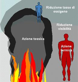 EFFETTI DELL INCENDIO SULL UOMO Principali effetti dell incendio sull uomo: Anossia (a causa della riduzione del tasso di ossigeno nell aria) Azione tossica dei fumi Riduzione della visibilità Azione