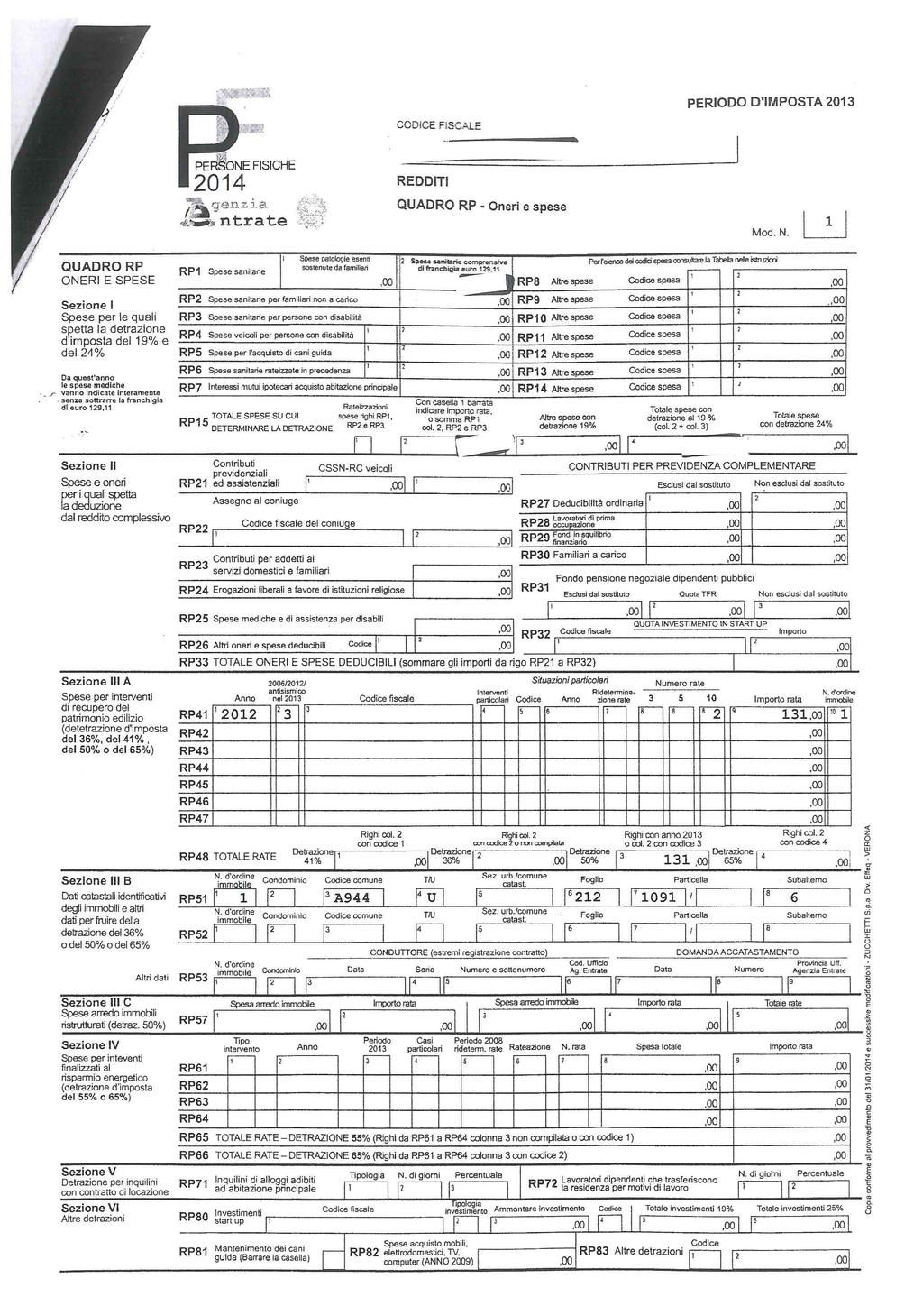 PERIODO DIMPOSTA 0 QUADRO RP Oneri e spese Md. N.