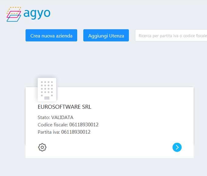 Per aggiungere un azienda da gestire bisogna entrare tramite il browser internet in Agyo con le proprie credenziali : https://app.agyo.