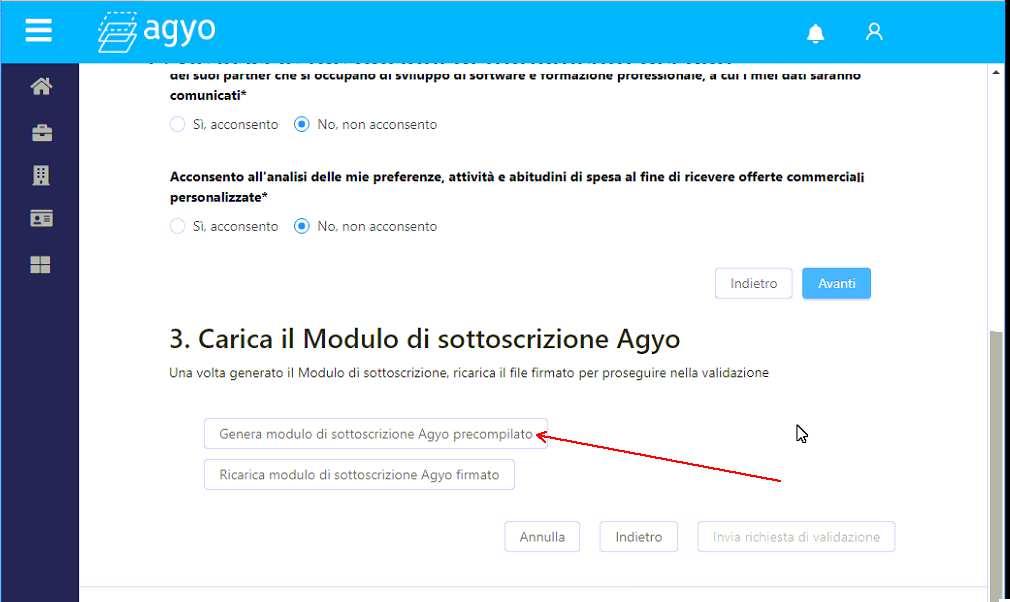 Al passo 3 cliccare su Genera Modulo di sottoscrizione Agyo Viene generato e scaricato il contratto nella cartella DOWNLOAD con il