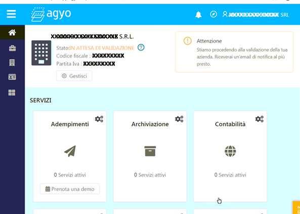 Agyo segnalera di essere in ATTESA DI VALIDAZIONE e dopo qualche giorno si riceverà un'email di notifica di conferma validazione e