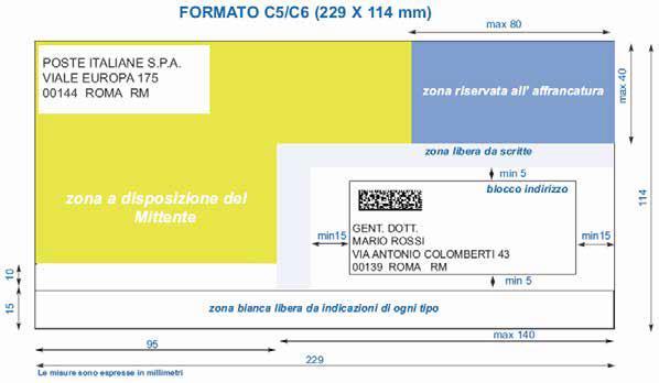 indirizzo (vedere layout di seguito riportati) e lasciare una zona di rispetto costituita da una fascia di colore bianco di almeno 5 mm di larghezza intorno al codice (vedi immagine di seguito