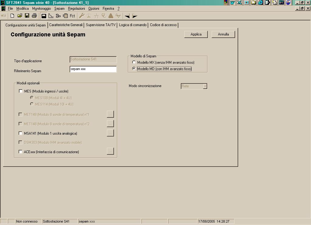Inserimento dei valori di parametrizzazione tramite software SFT2841: menù Sepam, schermata Configurazione unità Sepam 5) Se il Sepam a cui si è connessi è provvisto di display, vedi immagine