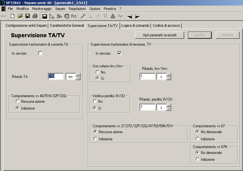 Soluzione 1: sfruttando la funzionalità supervisione TA/TV del Sepam Mettere in servizio la funzione la supervisione delle tensioni e attivare sia il criterio di verifica Iinv,Vinv (viene verificata