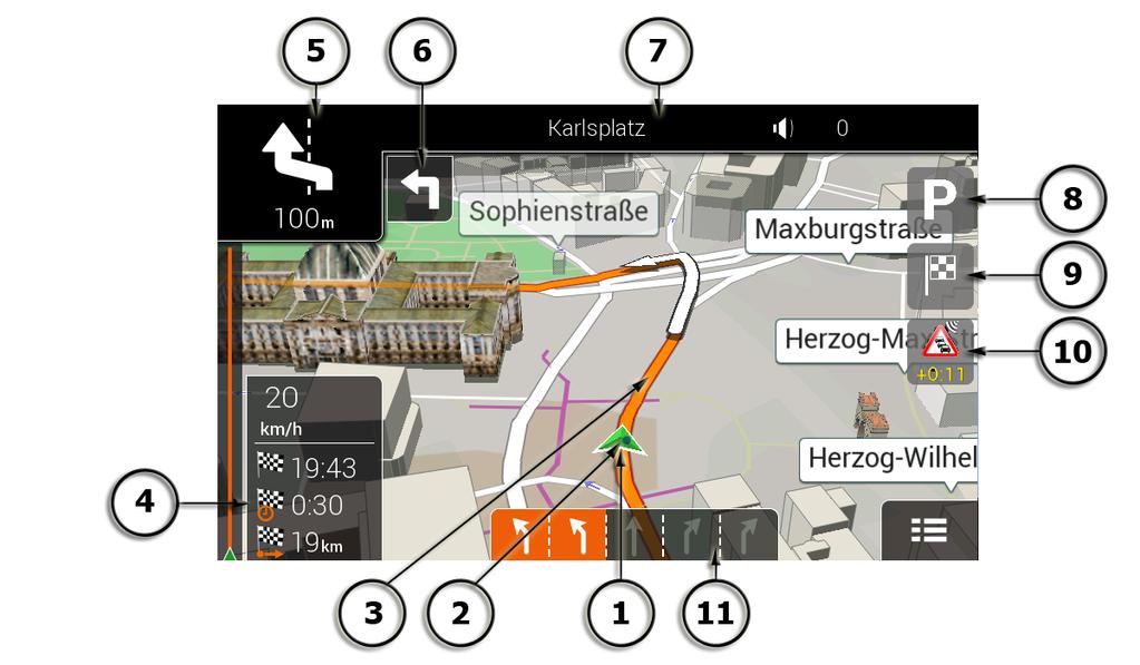 2.3 Vista di navigazione La vista di navigazione è la schermata principale di Zenec Navigation nella quale viene visualizzato il percorso pianificato su una mappa.