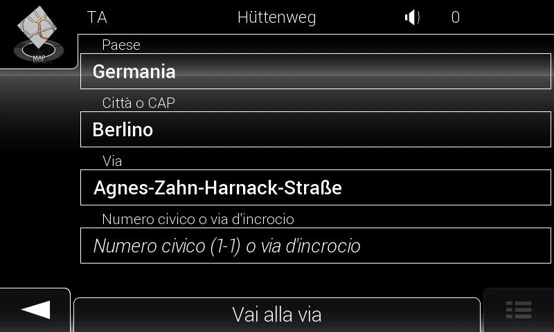 3.1.2.1 Immissione di un indirizzo Per immettere un indirizzo come destinazione, procedere come segue: 1. Toccare all'interno della vista di navigazione per accedere al menu di navigazione. 2.