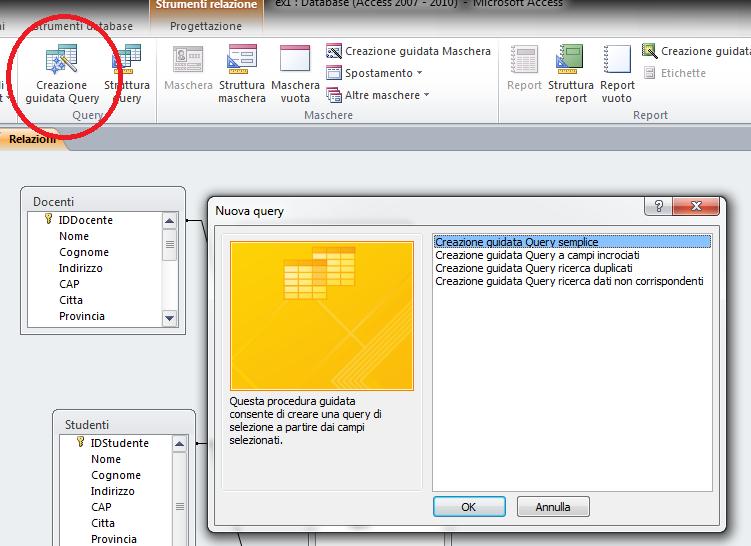 Creare una query (1) MS Access permette di specificare, salvare ed eseguire delle query SQL sul database creato.