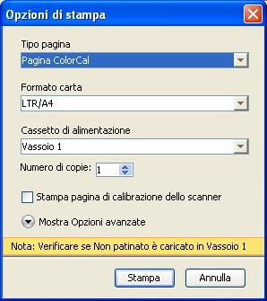 CALIBRAZIONE 42 5 Selezionare il tipo di pagina. Pagina ColorCal stampa uno dei 256 modelli ColorCal scelto a caso. Motivo singolo stampa uno specifico modello.