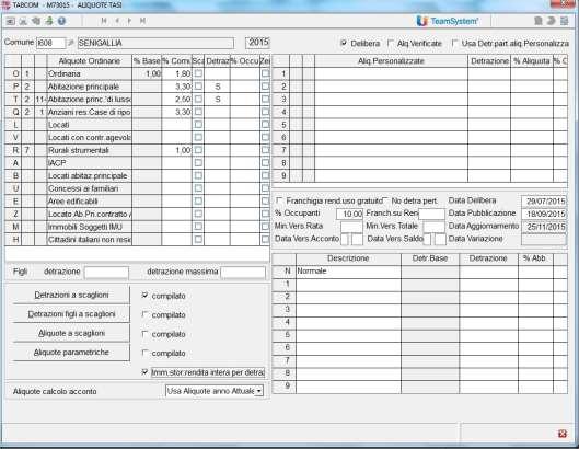 M73015 - IMPLEMENTAZIONI Tabella Comuni/Aliquote TASI M73015 TABCOM Nuovo flag per immobile di interesse storico Nell Anagrafica comuni, nella sezione Aliquote TASI, è stato previsto il nuovo flag