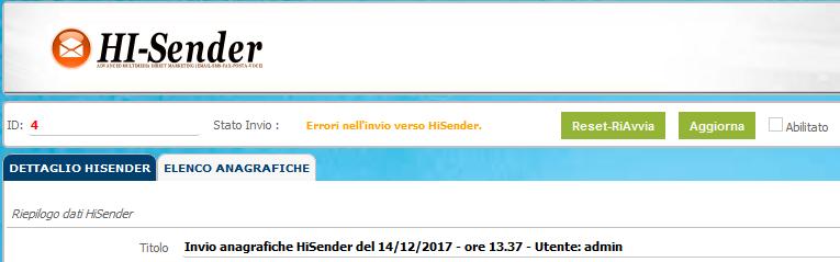 Rel. 7.8.7 Pag.15 HI-SENDER Reset processo di invio Recupera gli invii di anagrafiche non riusciti!