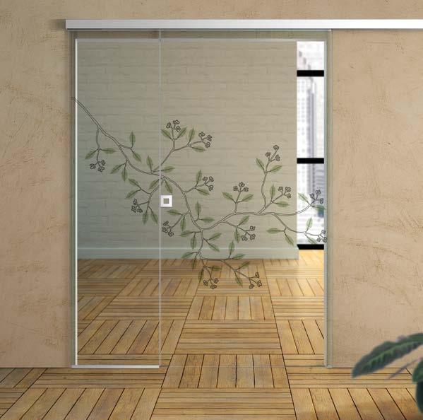 vischio Porte con vetri extrachiaro temperati trasparenti, con decoro verniciato e foglie naturali disidratate stratificati all interno dei vetri.