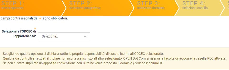 STEP 3 selezione dominio Nel caso si sia optato per casella PEC per iscritti ODCEC sarà