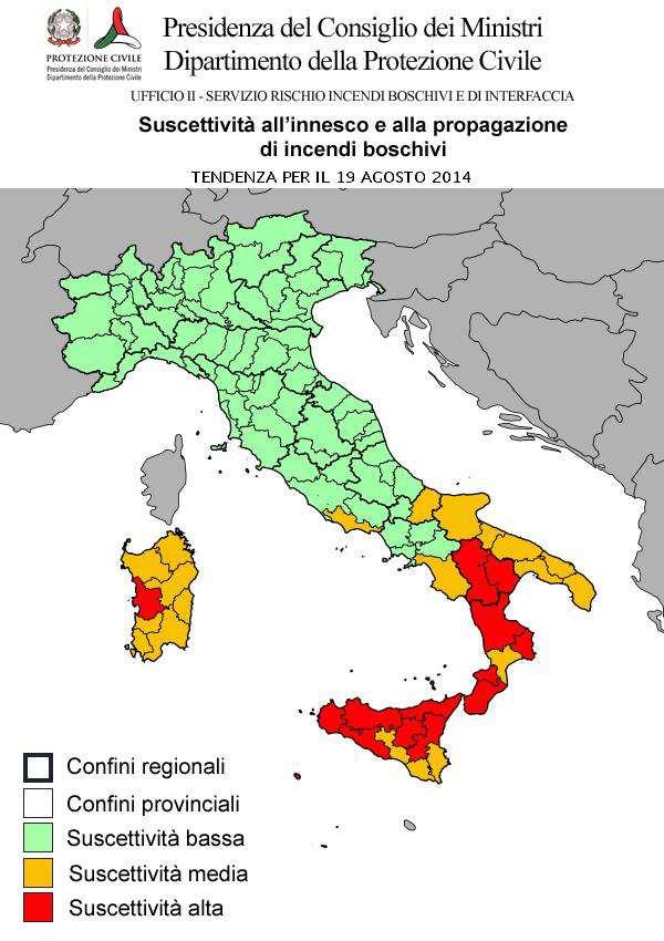 CONDIZIONI DI SUSCETTIVITA' ALL'INNESCO E ALLA PROPAGAZIONE DI INCENDI BOSCHIVI PREVISTE PER IL 19 AGOSTO 2014 BASSA MEDIA ALTA VALLE D'AOSTA PIEMONTE LOMBARDIA TRENTINO A. A. VENETO FRIULI V.