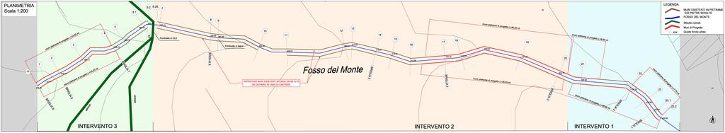 Il progetto è suddiviso in 3 interventi (figura 2) che prevedono: INTERVENTO 1: Briglia 1 in pietrame; Briglie 2 e 3 in legname e pietrame; Nuovi muri di sponda in destra e in sinistra, in pietrame e