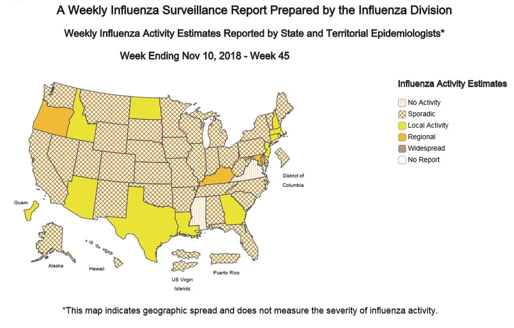 USA In tutti gli Stati Uniti si osserva nel complesso una bassa circolazione di virus influenzali, sebbene si cominci a registrare un leggero incremento in alcuni Stati, come evidenziato nella mappa