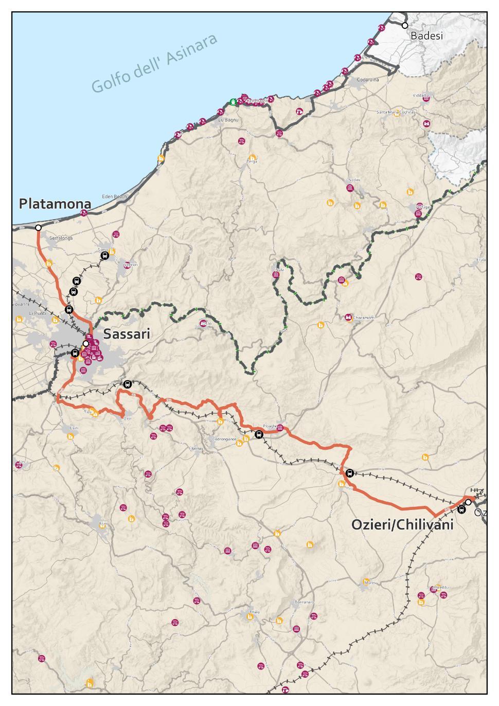 R7 Sassari (Platamona) - Ozieri/Chilivani Dati itinerario Lunghezza Dislivello in salita Dislivello in discesa Tempo Punti di interesse Aree naturalistiche Difficoltà Attrattività Qualità 72,69 km