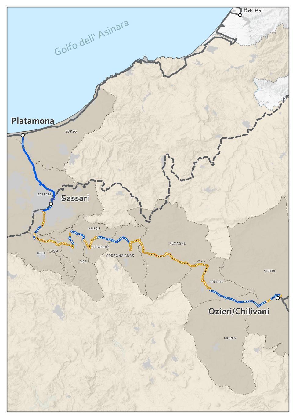 R7 Sassari (Platamona) - Ozieri/Chilivani Caratteristiche tecniche Tipologia di sede ciclabile 5 34% 16% Sede Propria Sede promiscua: - su strade a bassa intensità di traffico e strade urbane - su