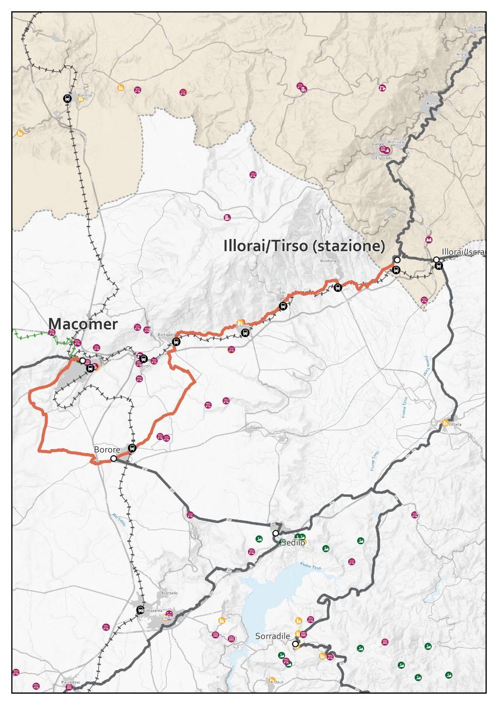 R12 Macomer - Illorai/Tirso (stazione) Dati itinerario Lunghezza Dislivello in salita Dislivello in discesa Tempo Punti di interesse Aree naturalistiche Difficoltà Attrattività Qualità 45,81 km 389 m