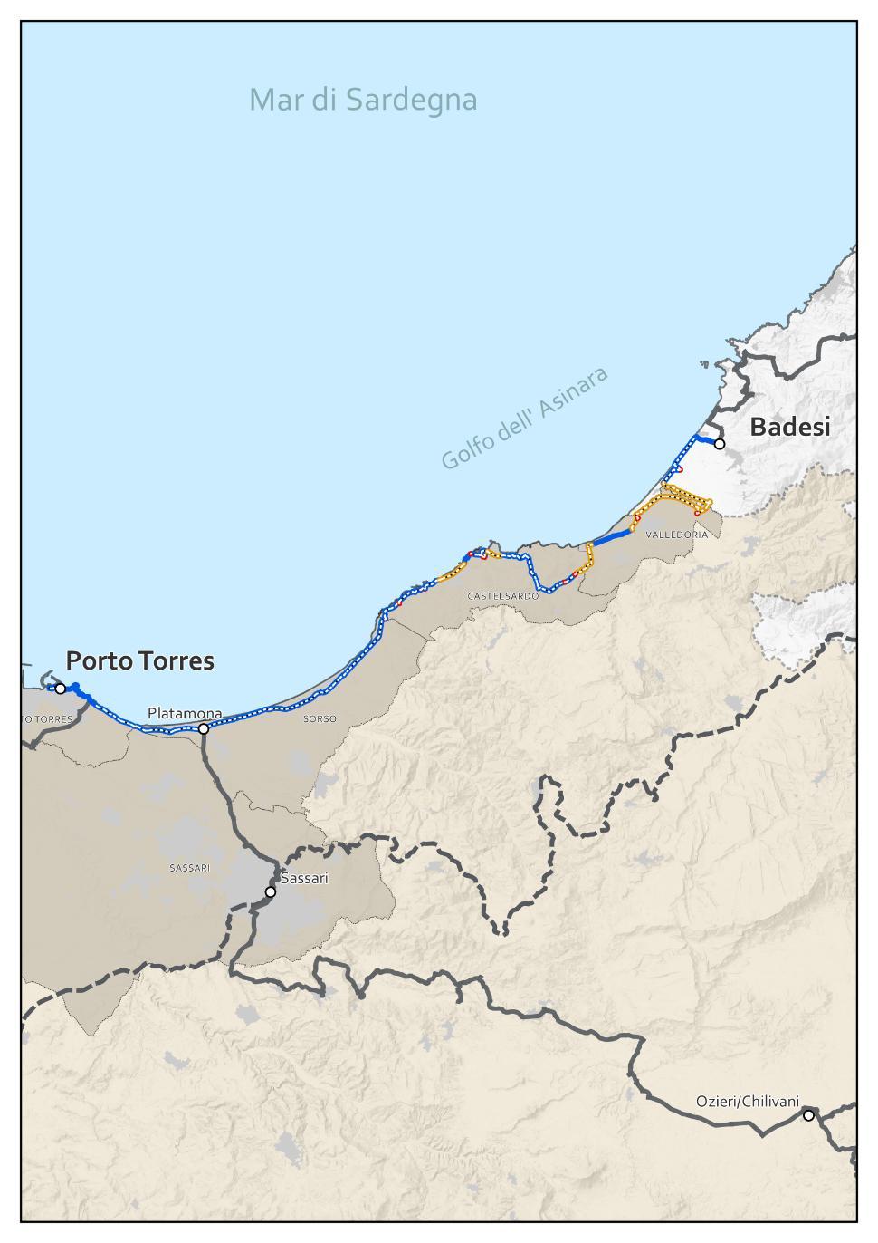 R18 - Porto Torres - Badesi Caratteristiche tecniche Tipologia di sede ciclabile 74% 24% 2% Pendenza 87% 11% 1.5% 0.