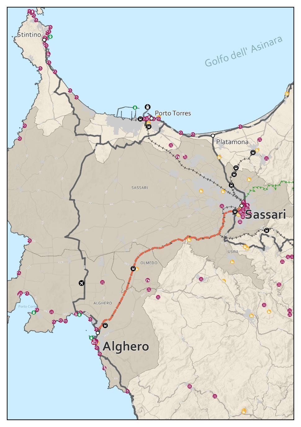F5 Sassari - Alghero (Ferrovia ARST) Dati itinerario Lunghezza Dislivello in salita Dislivello in discesa Tempo Punti di interesse Aree naturalistiche 29,95 km - - 0 h 40 min 6 - Comuni attraversati