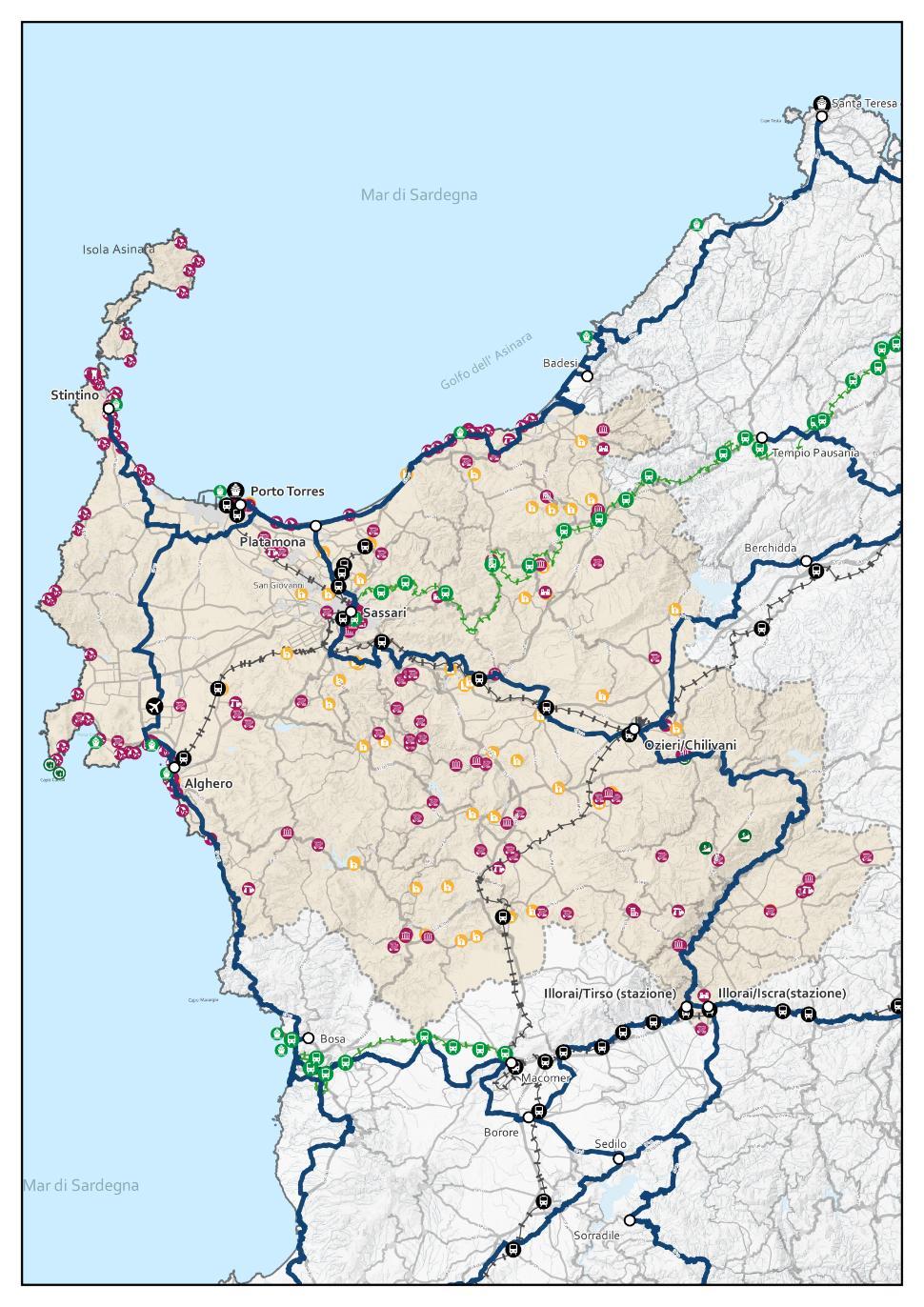 La provincia di Sassari IL TERRITORIO E LA RETE CICLABILE 30 centri abitati attraversati 34 territori comunali attraversati 7 SIC + 3 ZPS 1 Parco Naturale Regionale (Porto Conte) 136 punti di